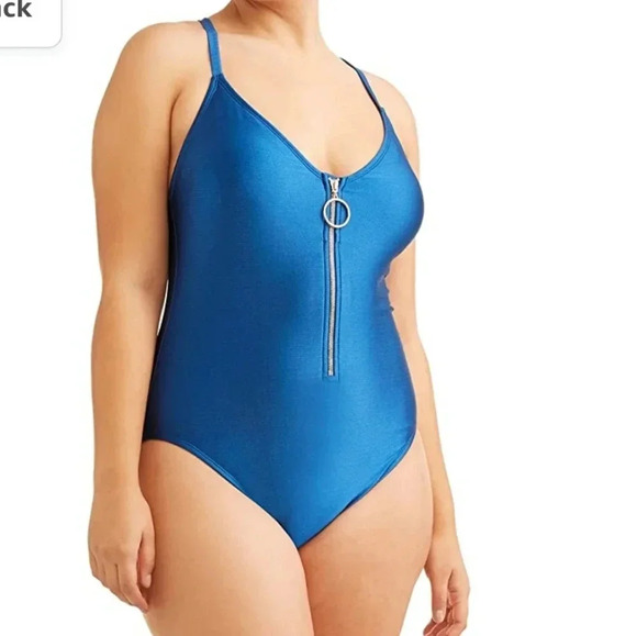 No Boundaries Juniors' Plus Size Rib Zip Front One Piece Swimsuit Royal Blue - Picture 16 of 16